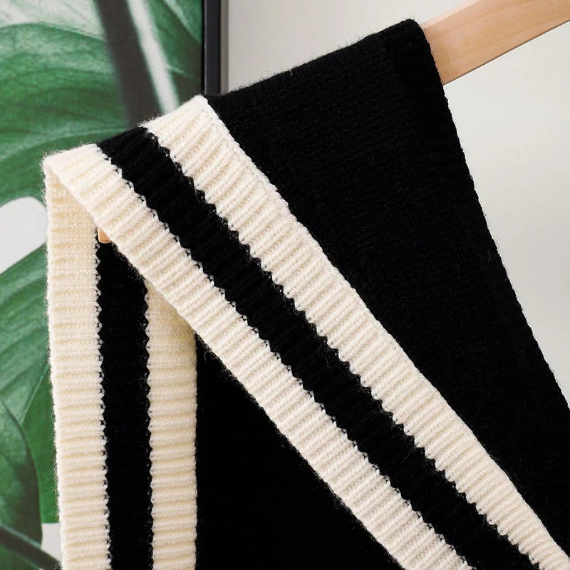 A Handmade Spring & Fall Polyester Knitted Knotted Shawl with Contrasting Stripes and Preppy Style Women's Fashion Shawl