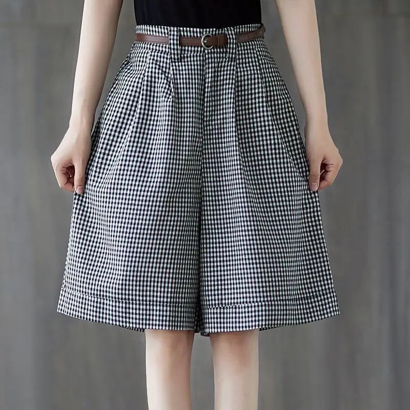 Cotton Linen Loose Plaid Large Size Wide Leg Women Summer Simplicity Office Lady Straight Fashion Appear Thin Casual Shorts