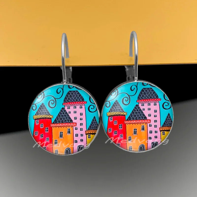 2024 Natural Scenery Earrings beautiful village Women Stud Earring  Abstract Oil Painting House Glass Cabochon Earrings  jewelry