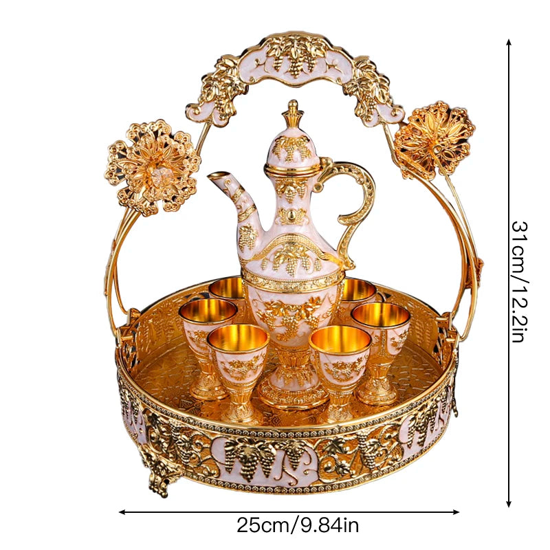 1 metal rose embossed wine set, 1 wine pot and 6 wine glasses and 1 basket, suitable for festivals, parties, banquet crafts.