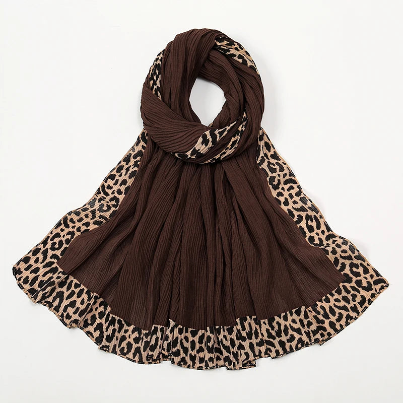 Hot Leopard Print Wrinkles Hijab Scarf Polyester Muslim Woman Hijab Shawls Lady Soft Long Wraps Femme Elegant Bandana Turban