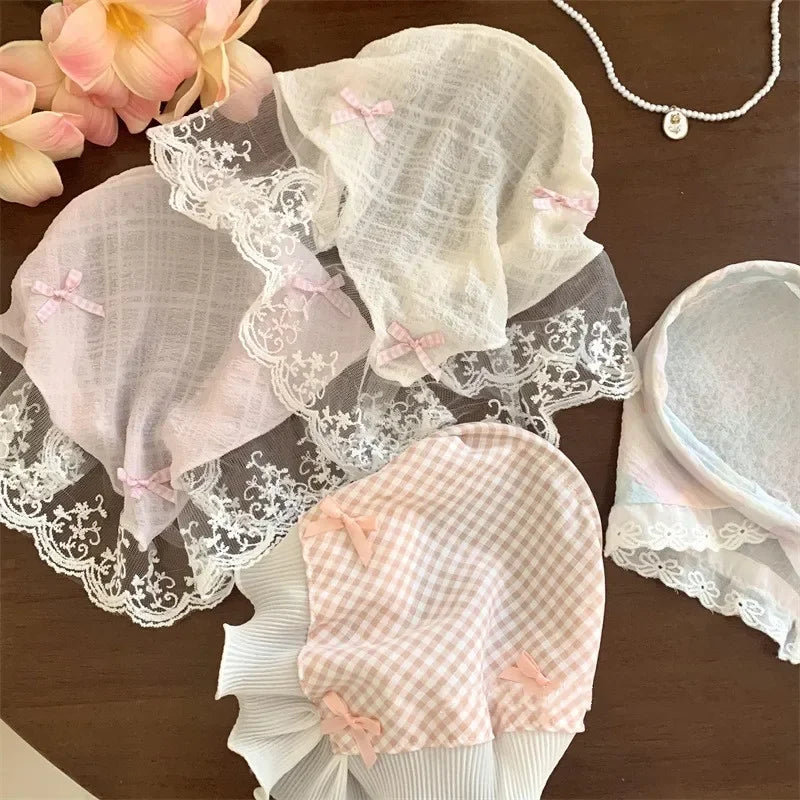 Red Woven Plaid Lace Hair Scarf Wraps Women Retro Triangle Headscarf Hat Travel Photo Headband Girl Hair Accessories