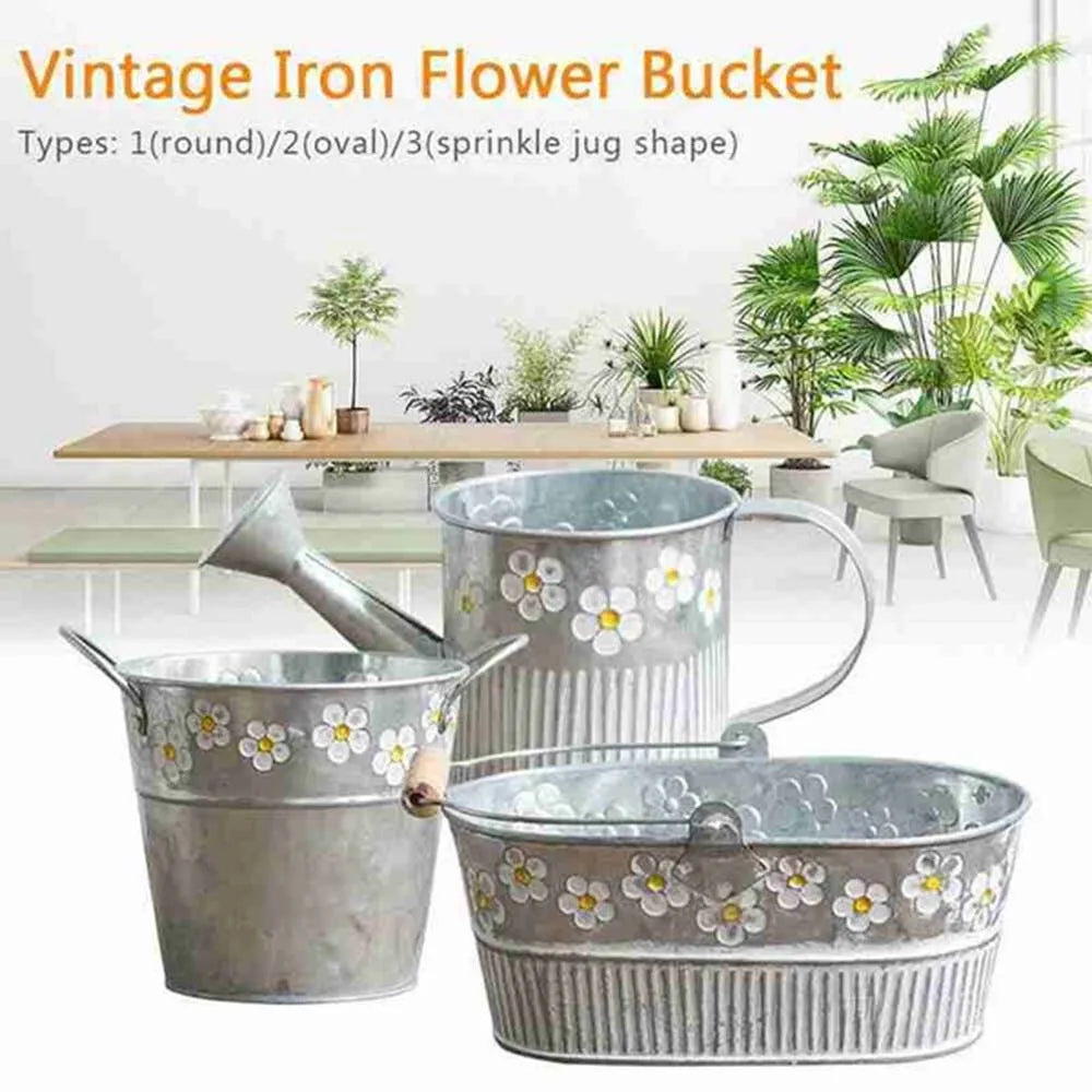 Embossed Vintage Iron Flower Pot Desktop Flowers Vase Plant Hanging Balcony Plant Bucket Planting Home Garden Decorations