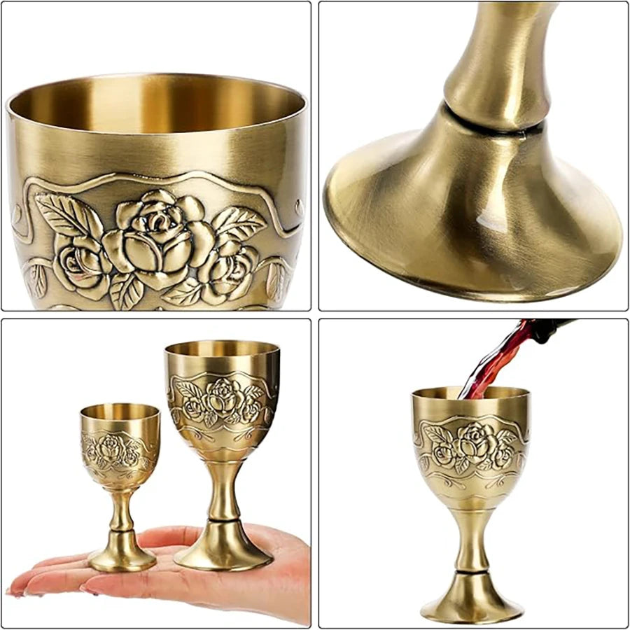 Vintage Goblet Flower Embossed Gold Communion Cup Copper Metal Wine Chalice Flower Embossed Shot Glasses Copper Metal Wine Cups