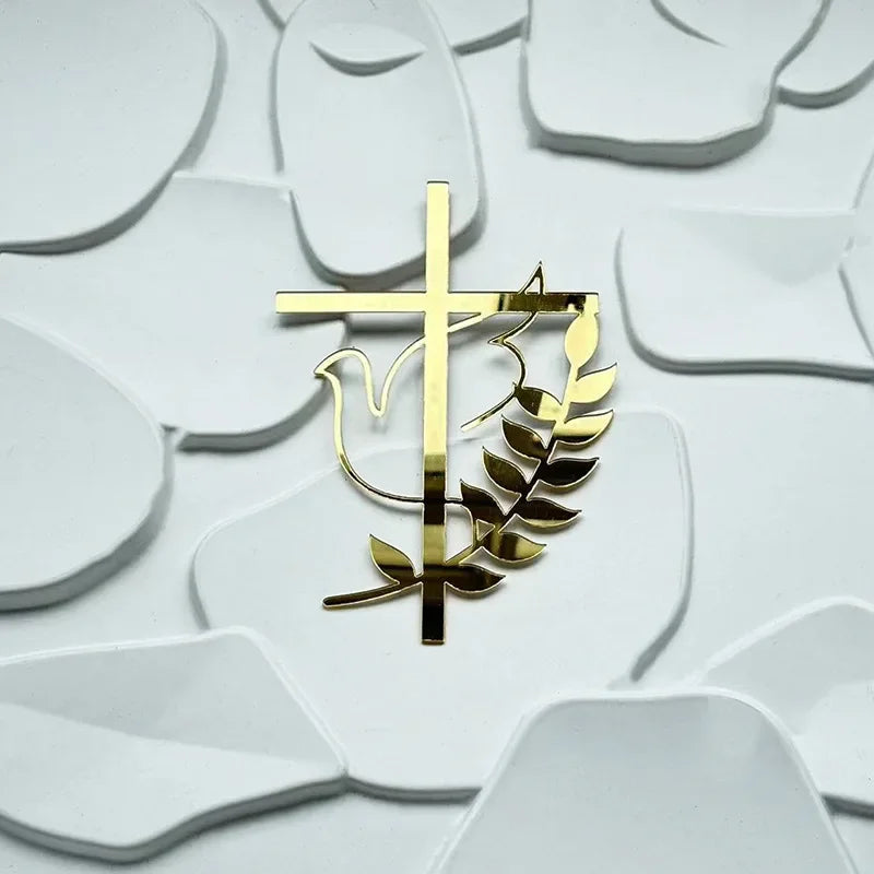 Cross Christ Jesus Birthday Cake Topper Gold Acrylic Dove Cross for Eucharist Baby Baptism Party Cake Toppers Dessert Decoration