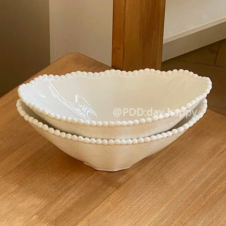 Ins Style Light Luxury Solid Color Bead Bowl Wavy Edge Ceramic Salad Bowl High Aesthetic Breakfast Plate Exquisite Home