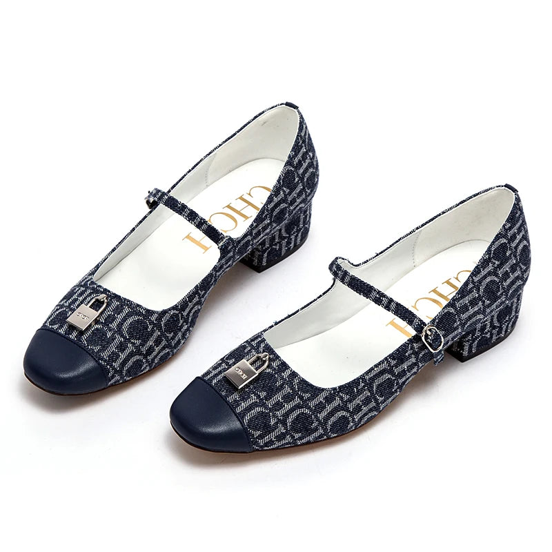 Women Casual Shoes Middle High Heels Spring Summer Leather Sandals Printed Metal Decoration Casual Leather Shoes