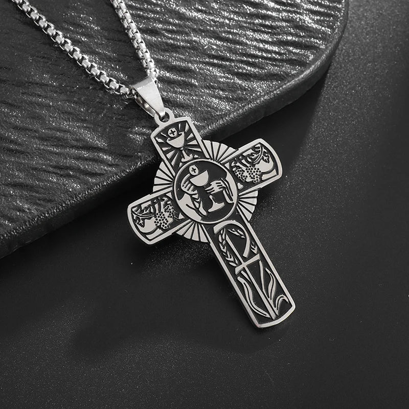 Stainless Steel Christian Eucharist Halo Grape Juice Cross Necklace Men Women Catholic Holy Spirit Church Jewelry
