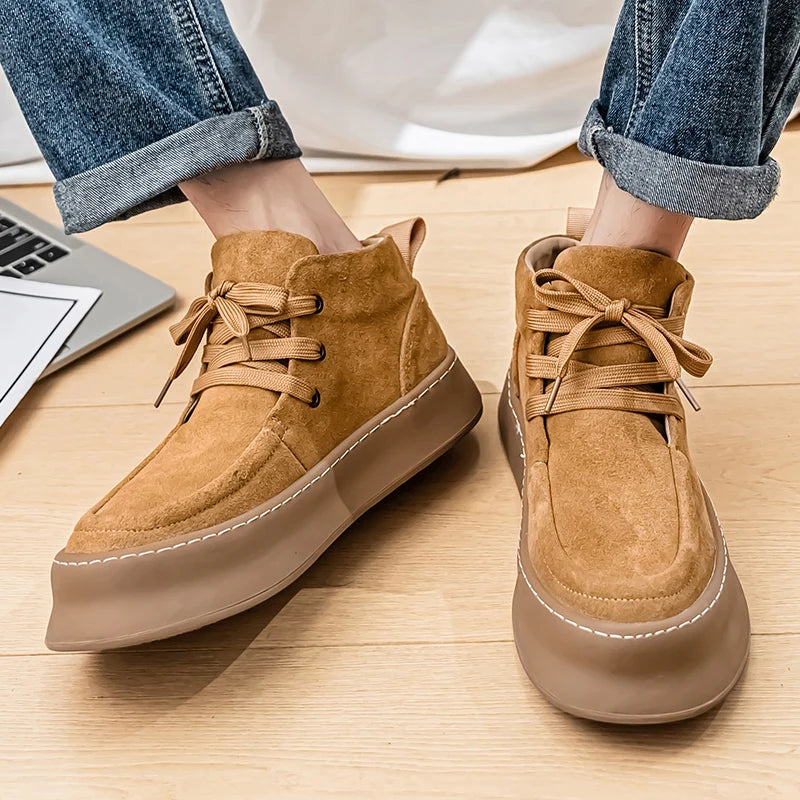 2025 winter new men's shoes cold resistant and warm high top shoes suede mid top board shoes retro casual short boots work boots