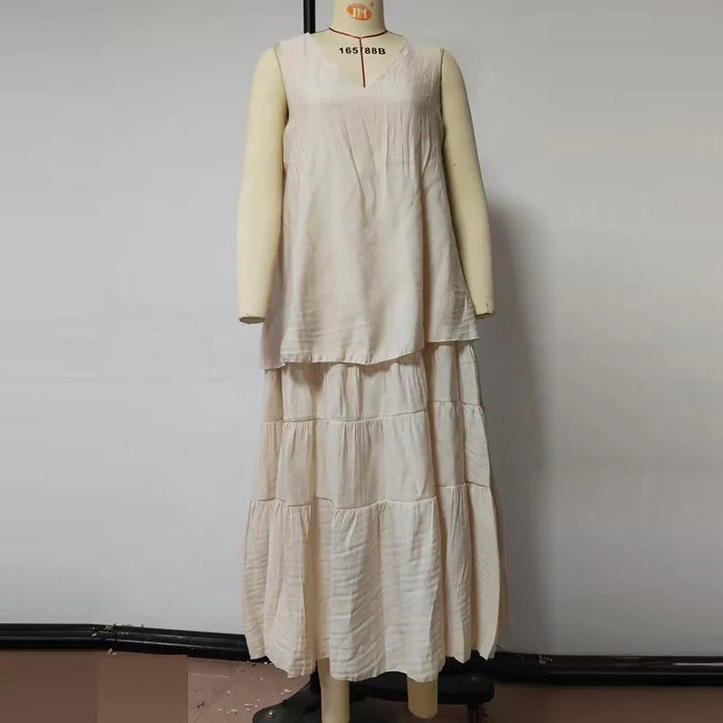 Cotton Linen Loose Women's Long Dress New Summer Sexy V Neck Sleeveless Solid Color Robe Dress Simple 2025 Pleated Casual Dress