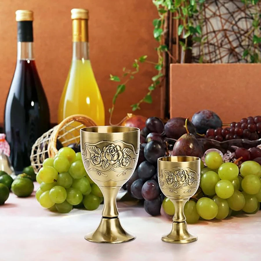Vintage Goblet Flower Embossed Gold Communion Cup Copper Metal Wine Chalice Flower Embossed Shot Glasses Copper Metal Wine Cups