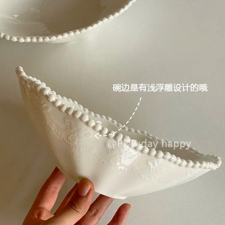 Ins Style Light Luxury Solid Color Bead Bowl Wavy Edge Ceramic Salad Bowl High Aesthetic Breakfast Plate Exquisite Home