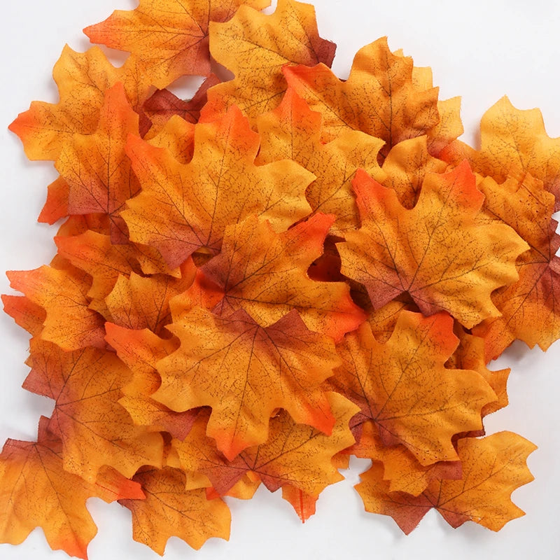 100pcs Artificial Autumn Maple Leaves Thanksgiving Halloween Mixed Fall Colored Leaf Wedding Thanksgiving Day Party Table Decor