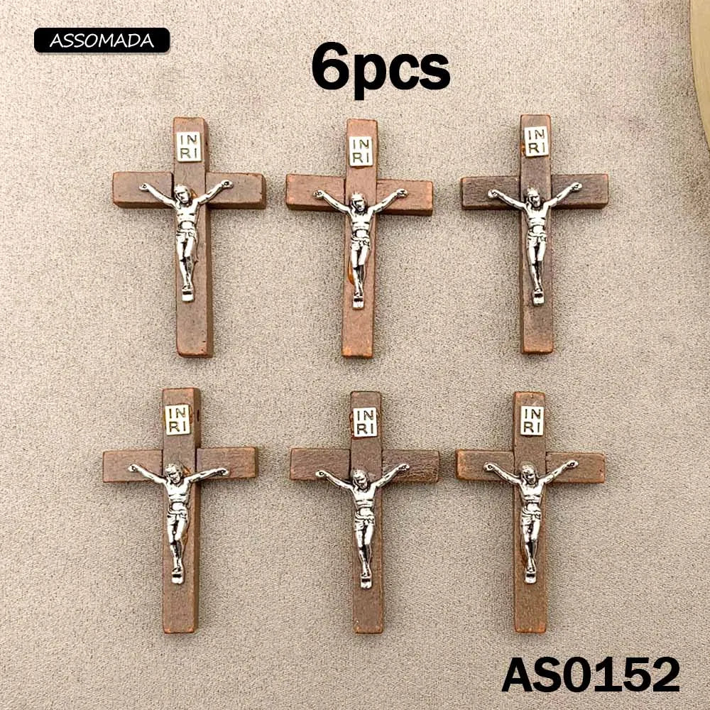 ASSOMADA 6pcs Wooden Cross Jesus Pendant For Jewelry Making Necklaces Christian Crosses Charms Accessories DIY Supplies