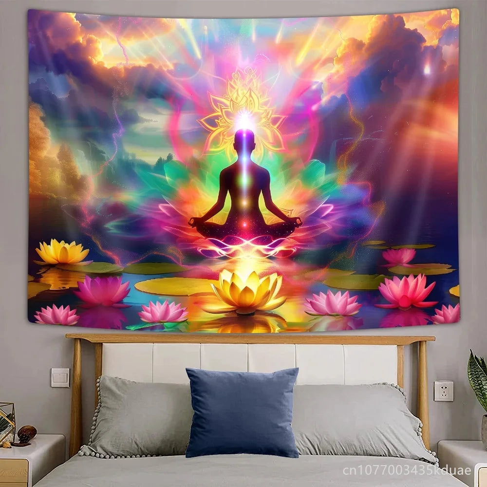 Lotus Seven Chakra Tapestry Wall Hanging Yoga Meditation Home Decoration Bedroom Dorm Background Cloth Banner Room Decor