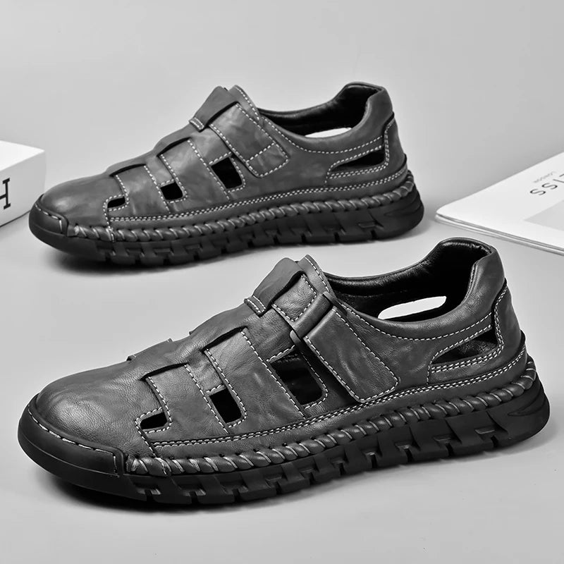 Summer Men Genuine Leather Outdoors Sandals Casual Leather Hollow Soft Bottom Breathable Soft Sole Shoes Classic Fashion Sandals