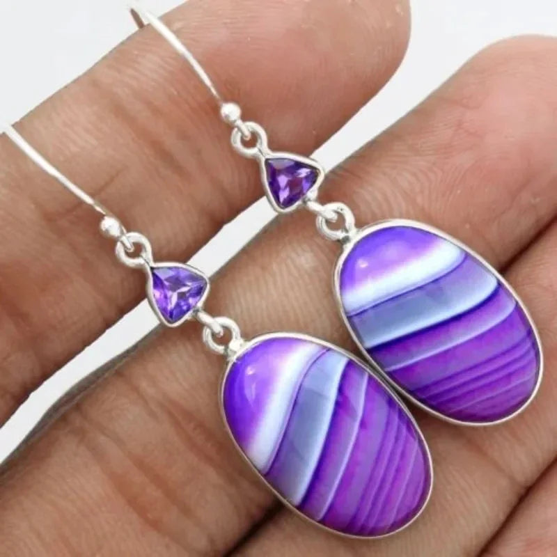Boho Teardrop Earrings for Women Jaspers Silver Color Women Oval Purple Natural Stone Dangle Jewelry