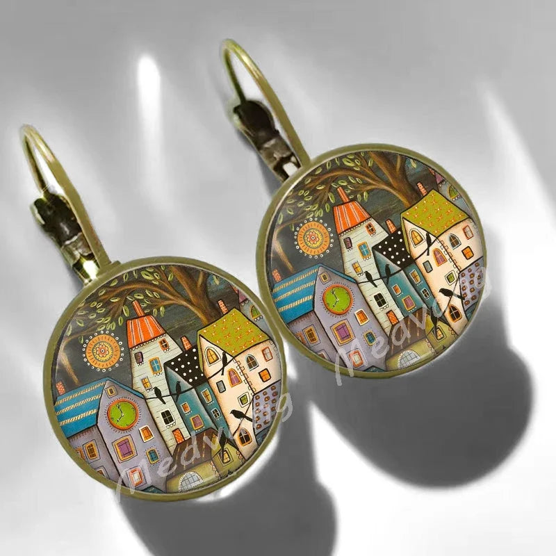2024 Natural Scenery Earrings beautiful village Women Stud Earring  Abstract Oil Painting House Glass Cabochon Earrings  jewelry