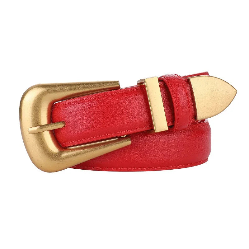 Genuine Leather Belt for Women Burgundy Leather Fashion Belts with Gold Metal Buckle Casual Luxury for Jeans Dresses