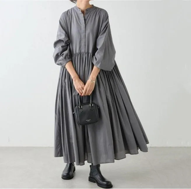 Cotton Linen Loose Dresses For Women Solid Korean version Long Sleeve Pleated Big Swing Robe Autumn Vintage Casual Clothes