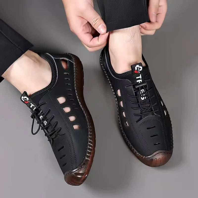Men's Soft Leather 2024 Summer Men Leather Sandals Breathable Non-slip Cow Tendon Sole Casual Leather Shoes Outdoor Beach Shoes