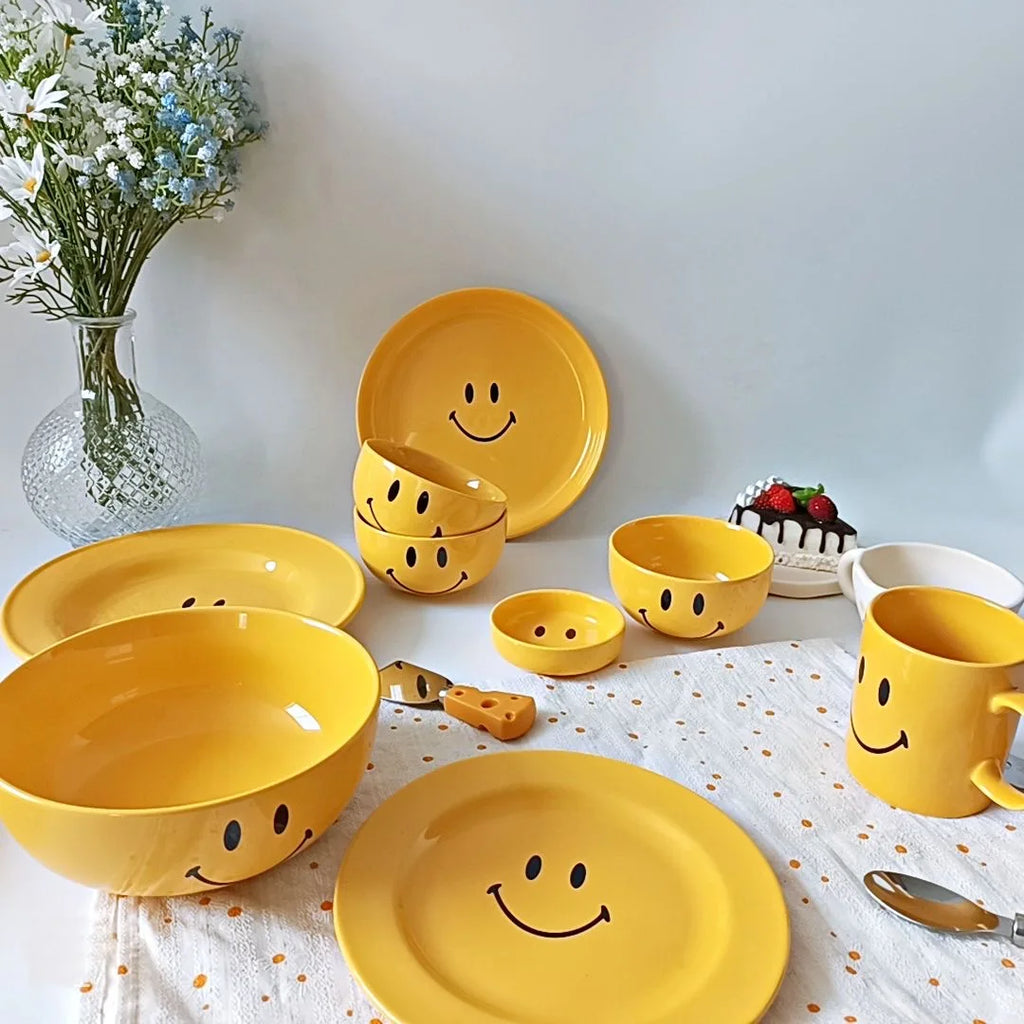 Nordic Ceramic Tableware Set Dinnerware Set Bowl High Fashion INS Yellow Cartoon Plate Soup Bowl Mug Set Modern Style High-End