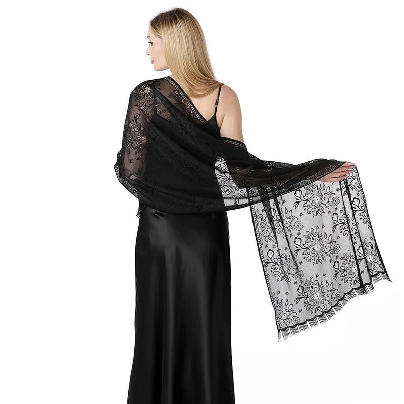 Pure Color Floral Mesh Lace Shawls for Women Evening Dresses Shawl Bridal Bridesmaid Wedding Boleros Lady Party Capes Wraps