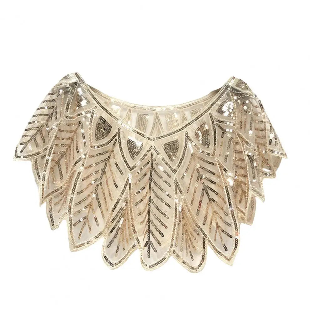 Women 1920s Evening Shawl Elegant Embroidered Beaded Capelet for Women Sparkling Sequin Party Shawl with Leaf Shape Gauze V Neck