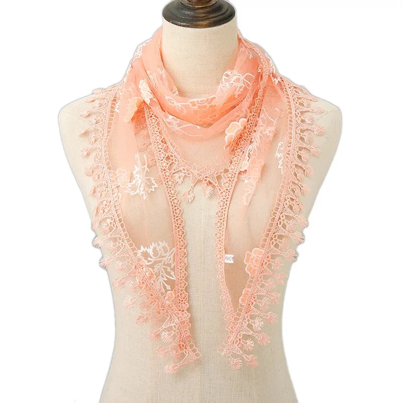 Fashion Women Triangle Wrap Fringed Shawls Head Scarf Tassel Embroidery Lace Scarves Flower Hijab Bandana Prayer Kerchief Church