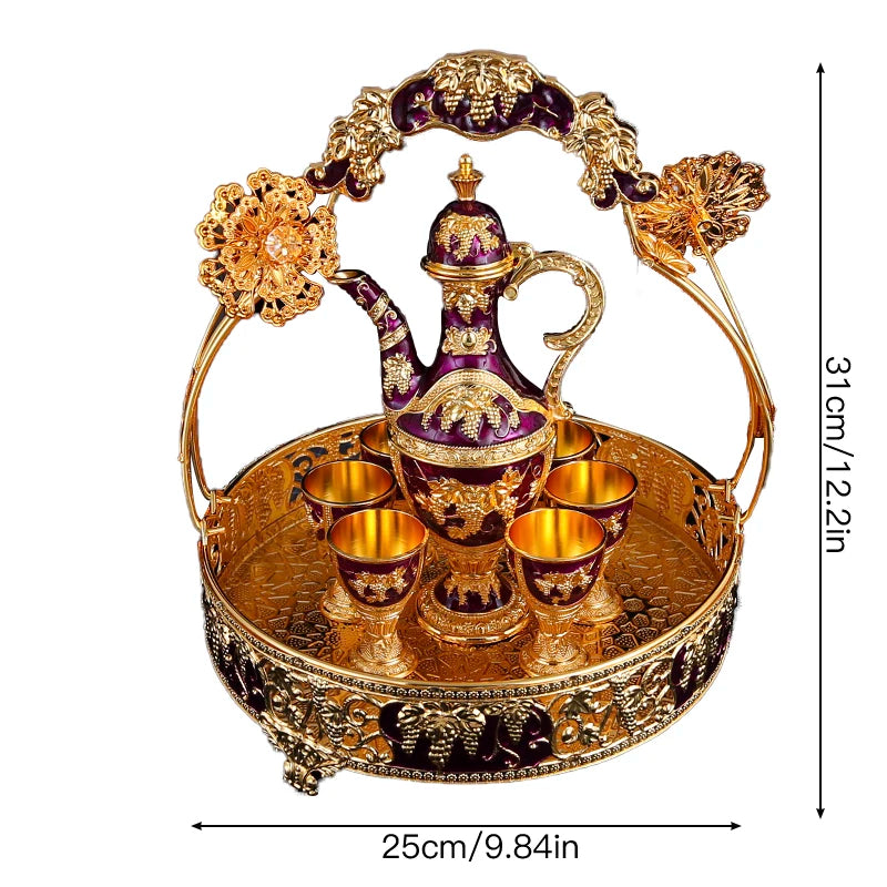 1 metal rose embossed wine set, 1 wine pot and 6 wine glasses and 1 basket, suitable for festivals, parties, banquet crafts.