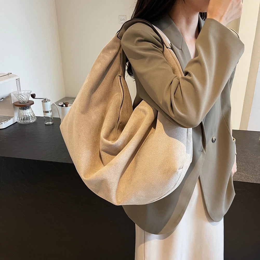 Women Suede Shoulder Bag Slouchy Tote Bag Large Capacity Underarm Bag Handbag for Work Travel