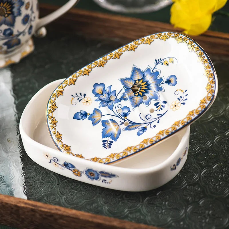 Creative Gold-plated Painted Flower Soap Dish Household Ceramic Drain Double Soap Box Storage Shelf Bathroom Accessories Modern