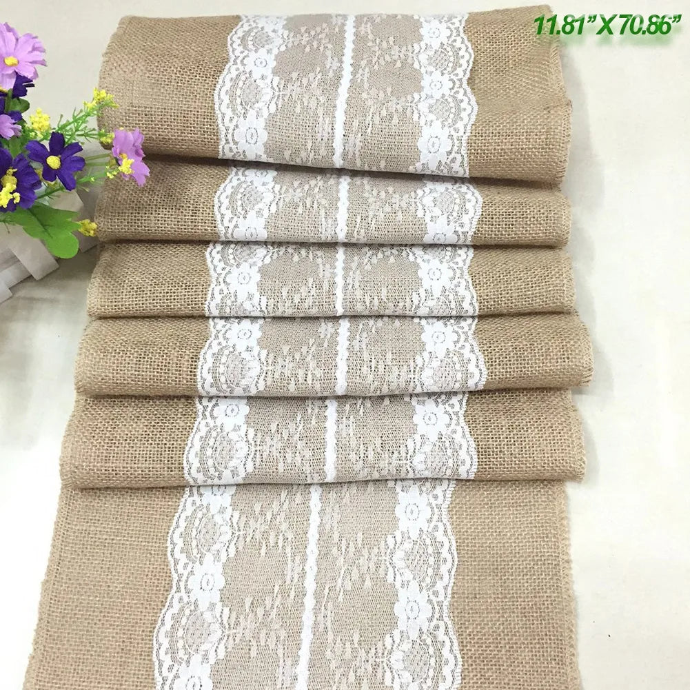 Vintage Burlap Jute Linen Table Runner Lace Cloth Dinning Room Table Gadget Home Decor Accessory New
