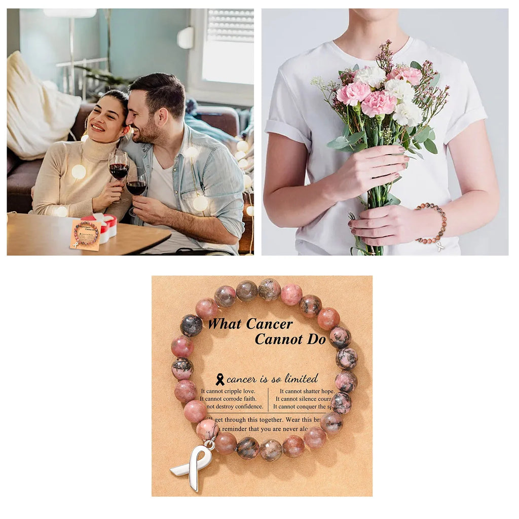Natural Stone Bead Bracelets Ribbon Charm Inspirational Breast Cancer Awareness Bangle Gifts Encouragement For Women Jewelry