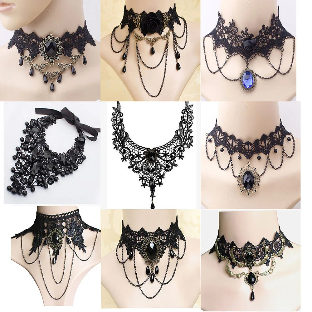 Rose Flower Red Black Stone Velvet Chokers for Women Lady Lace Bead Chains Sexy Necklace Girl Neck Jewelry Accessories Gifts 1PC