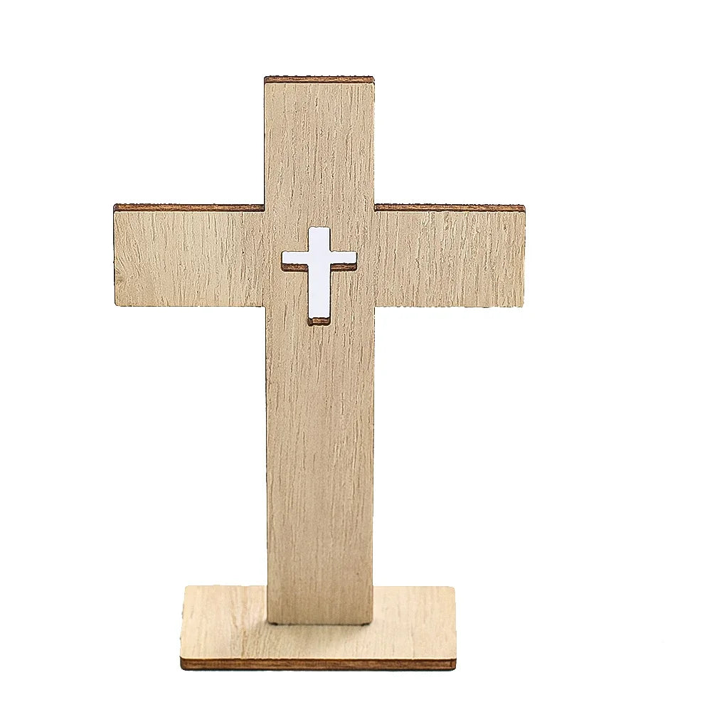 6PCS Wooden Cross Ornament Christian Symbol DIY Craft Decor Natural Wood Standing Cross for Church Home Prayer Festival Gift